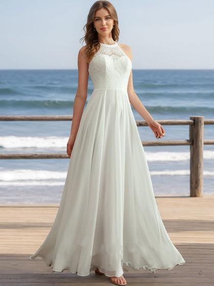 Robes de Mariée en Dentelle Sans Manches, Coupe A-Line/Princesse