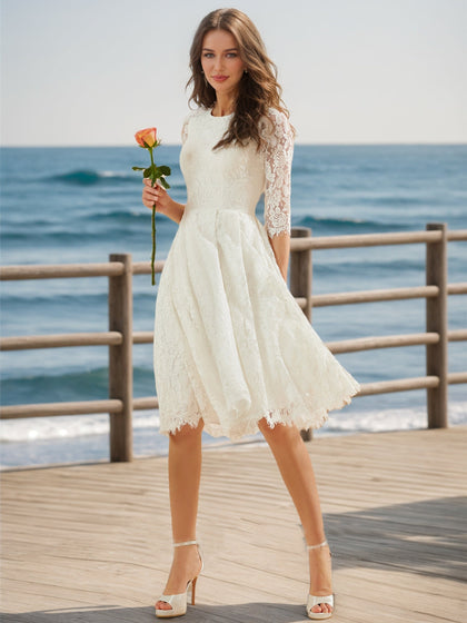 Robe de Mariée en Dentelle à Manches Mi-Longues et Décolleté en V
