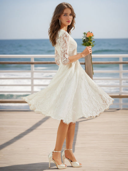 Robe de Mariée en Dentelle à Manches Mi-Longues et Décolleté en V