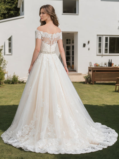 Robes de Mariée Trapèze/Princesse à Épaules Dénudées et Manches Courtes Ornées de Perles