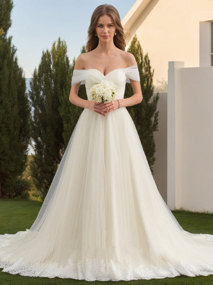Robes de Mariée Trapèze/Princesse à Épaules Dénudées et Manches Courtes Froncées