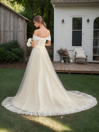 Robes de Mariée Trapèze/Princesse à Épaules Dénudées et Manches Courtes Froncées