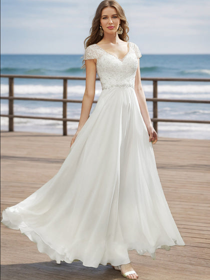 Robes de Mariée Trapèze/Princesse à Col en V et Manches Courtes Ornées de Perles