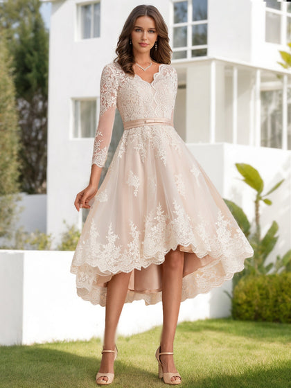 Robe de Mariée en Dentelle à Col en V et Manches 3/4