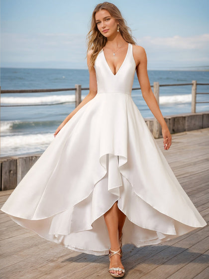 Robes de Mariée Trapèze/Princesse à Col en V Sans Manches et à Volants