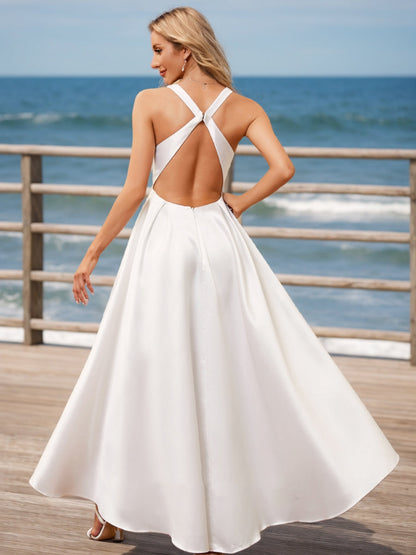 Robes de Mariée Trapèze/Princesse à Col en V Sans Manches et à Volants