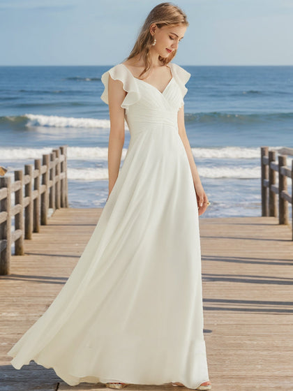 Robes de Mariée Trapèze/Princesse à Col en V et Manches Courtes à Volants