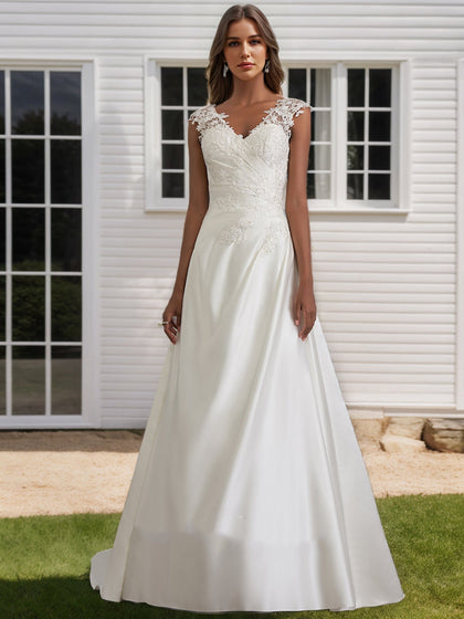 Robes de Mariée Trapèze/Princesse à Paillettes, Col en V, Sans Manches