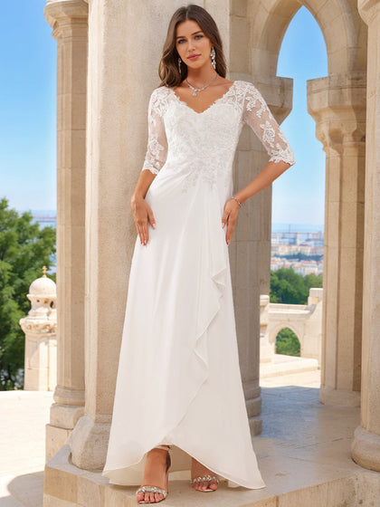 Robes de Mariée en Dentelle, Coupe A-Line/Princesse, Col en V, Manches Mi-Longues