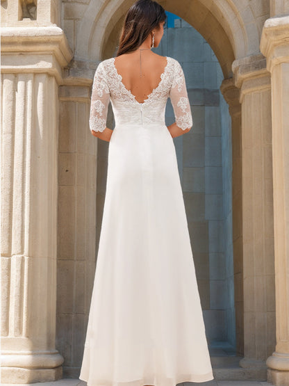 Robes de Mariée en Dentelle, Coupe A-Line/Princesse, Col en V, Manches Mi-Longues