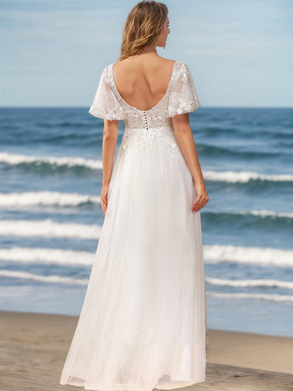 Robes de Mariée Trapèze/Princesse à Col en V et Manches Courtes Ornées de Perles