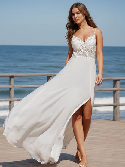 Robe de Mariée Trapèze/Princesse en Mousseline de Soie et Dentelle à Col en V et Fente Latérale