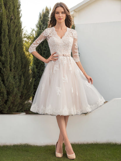 Robe de Mariée à Col en V et Manches Mi-Longues avec Ceinture