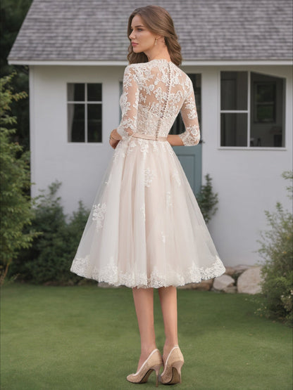 Robe de Mariée à Col en V et Manches Mi-Longues avec Ceinture