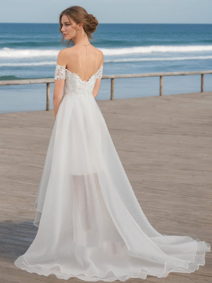 Robes de Mariée Trapèze/Princesse à Épaules Dénudées, Manches Courtes et Volants
