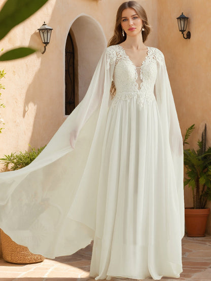 Robe de Mariée Trapèze/Princesse à Paillettes, Col en V, Manches Longues