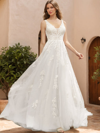 Robe de Mariée à Paillettes, Col en V, Sans Manches