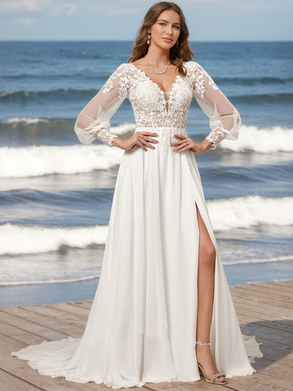 Robe de Mariée Trapèze/Princesse à Col en V et Manches Longues avec Fente Latérale