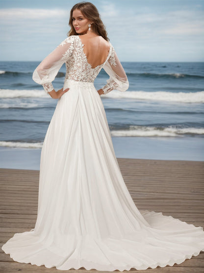 Robe de Mariée Trapèze/Princesse à Col en V et Manches Longues avec Fente Latérale