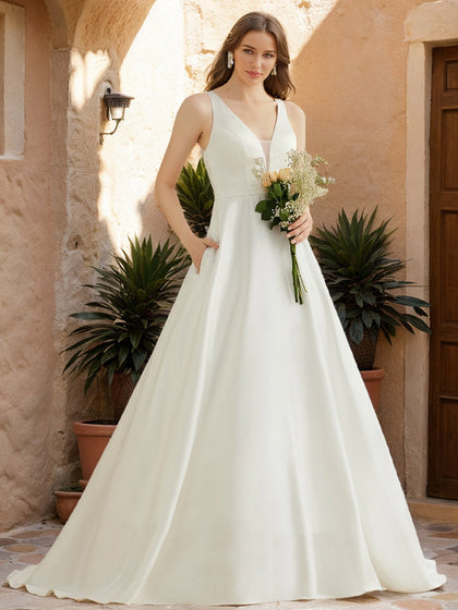 Robes de Mariée Trapèze/Princesse à Col en V Sans Manches et Froncées