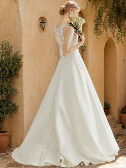 Robes de Mariée Trapèze/Princesse à Col en V Sans Manches et Froncées