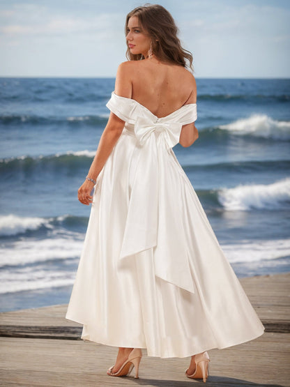 Robes de Mariée Trapèze/Princesse, Épaules Dénudées, Manches Courtes, Nœud Papillon