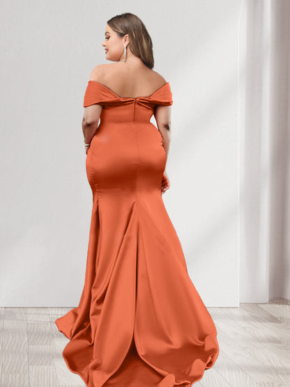 Robes de Demoiselled'Honneur Grande Taille, Style Trompette/Sirène, Épaules Dénudées, Manches Courtes, Froncées