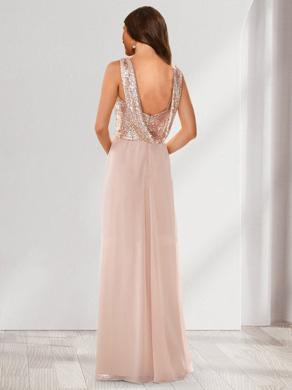 Robes de Demoiselled'Honneur à Paillettes, Coupe A-Line/Princesse, Col en V, Sans Manches
