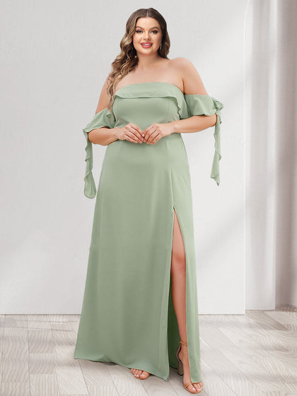 Robe de Demoiselled'Honneur Grande Taille, Coupe A-Line/Princesse, Épaules Dénudées, Sans Manches, Fendue Sur le Côté