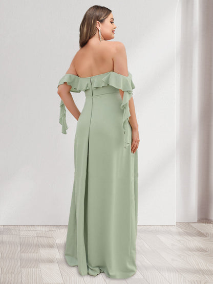 Robe de Demoiselled'Honneur Grande Taille, Coupe A-Line/Princesse, Épaules Dénudées, Sans Manches, Fendue Sur le Côté