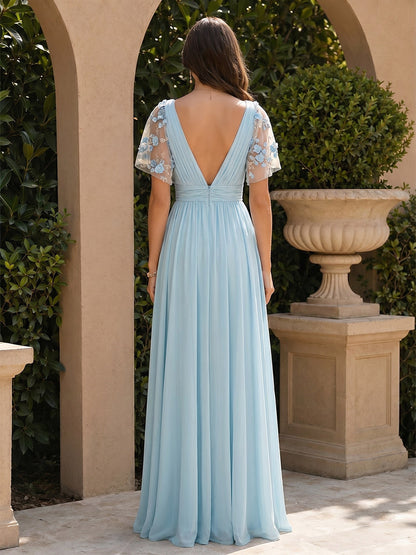 Ligne A/Princesse Col en V Manches Courtes Longueur du sol Appliqué Robes de Demoiselle d'Honneur avec Côté Divisé