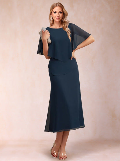 Robes de Mère de la Mariée Fourreau/Colonne en Mousseline de Soie à Demi-Manches et Froncées