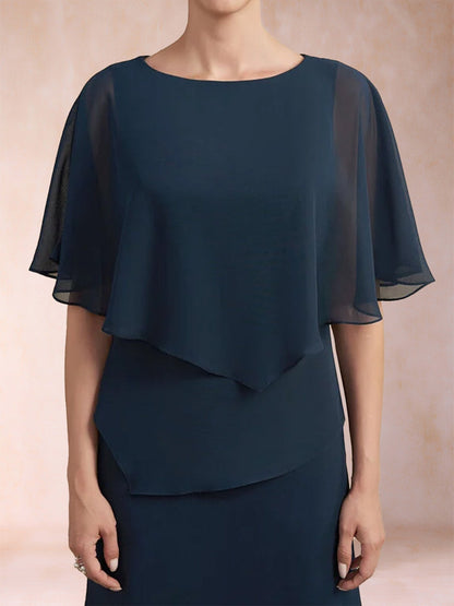Robes de Mère de la Mariée Fourreau/Colonne en Mousseline de Soie à Demi-Manches et Froncées