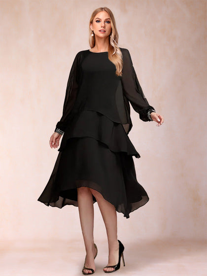 Robes de Mère de la Mariée à Manches Longues et à Volants, Coupe Fourreau/Colonne