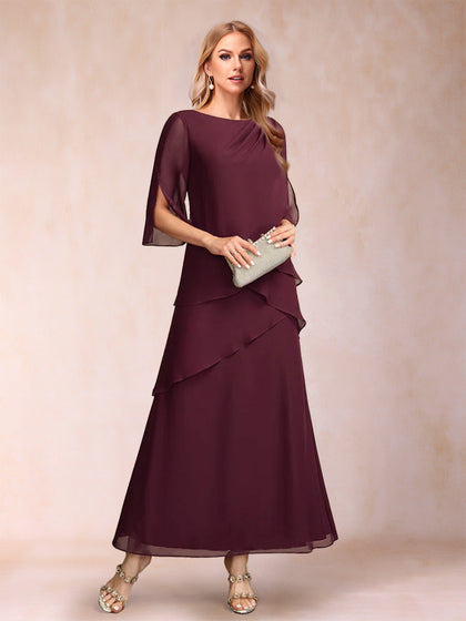 Robes de Mère de la Mariée à Volants, Coupe A-Line/Princesse, Manches Mi-Longues et à Volants