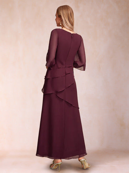 Robes de Mère de la Mariée à Volants, Coupe A-Line/Princesse, Manches Mi-Longues et à Volants