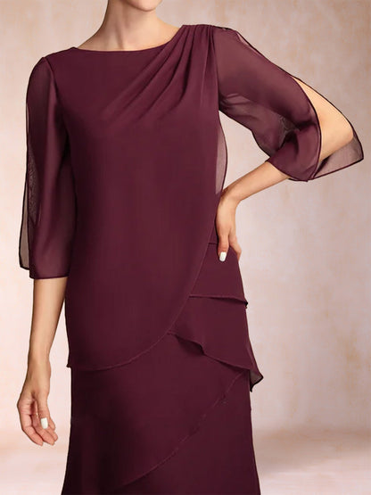 Robes de Mère de la Mariée à Volants, Coupe A-Line/Princesse, Manches Mi-Longues et à Volants