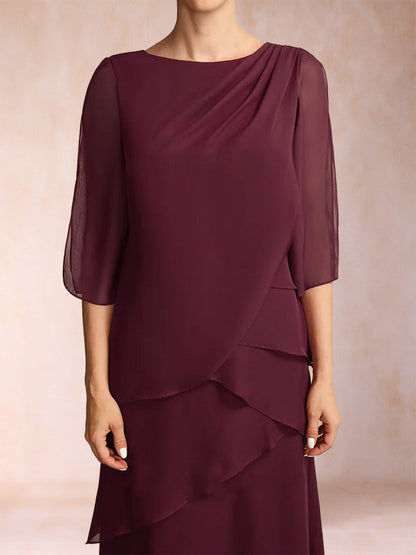 Robes de Mère de la Mariée à Volants, Coupe A-Line/Princesse, Manches Mi-Longues et à Volants