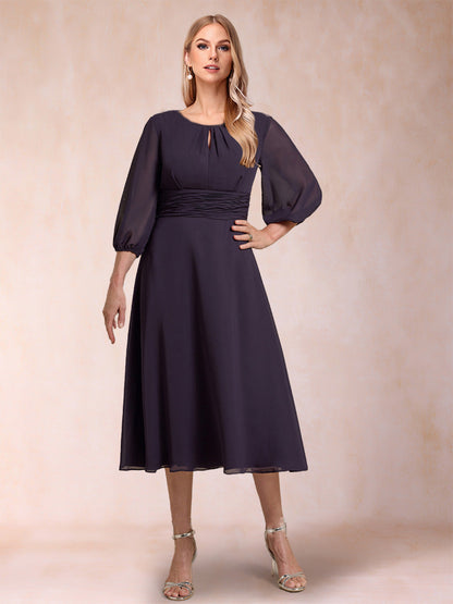 Robes de Mère de la Mariée à Volants, Coupe A-Line/Princesse, Manches 3/4, Froncées