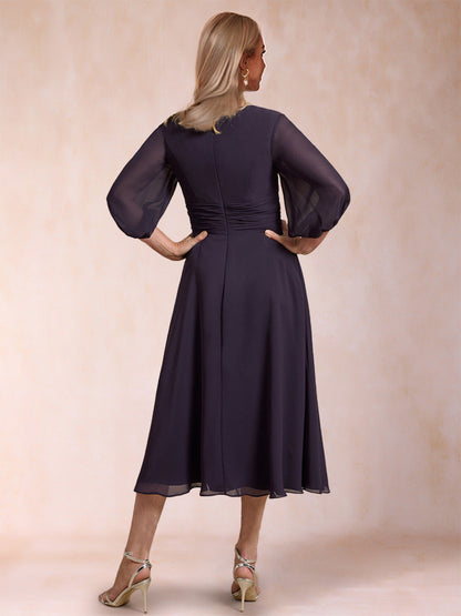 Robes de Mère de la Mariée à Volants, Coupe A-Line/Princesse, Manches 3/4, Froncées