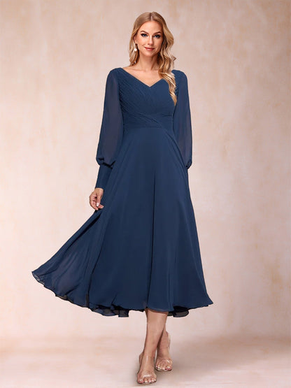 Robes de Mère de la Mariée Coupe A-Line/Princesse, Col en V, Manches Longues, Froncées