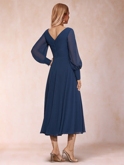 Robes de Mère de la Mariée Coupe A-Line/Princesse, Col en V, Manches Longues, Froncées