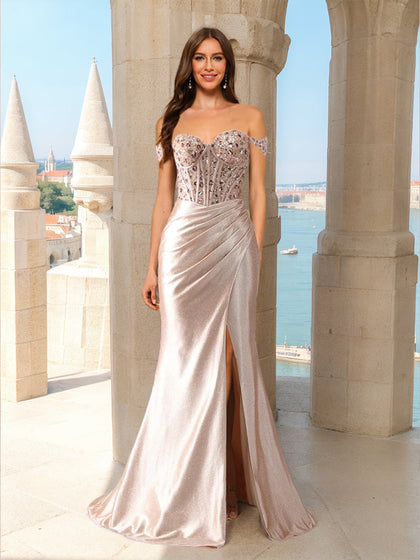 Robe de Bal Sirène/Trompette à Épaules Dénudées, Sans Manches avec Perles