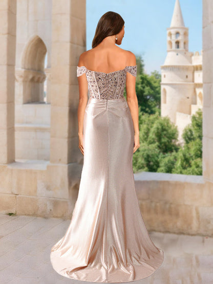 Robe de Bal Sirène/Trompette à Épaules Dénudées, Sans Manches avec Perles