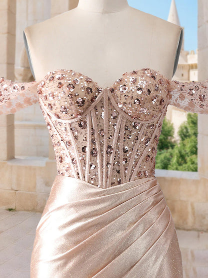 Robe de Bal Sirène/Trompette à Épaules Dénudées, Sans Manches avec Perles
