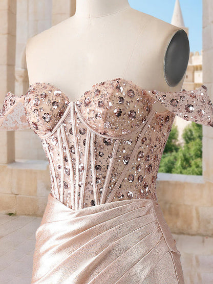 Robe de Bal Sirène/Trompette à Épaules Dénudées, Sans Manches avec Perles