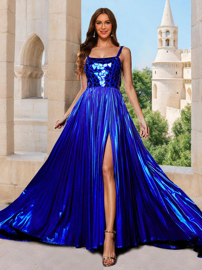 Robe de Bal Trapèze/Princesse à Encolure Carrée Sans Manches et Fente Latérale