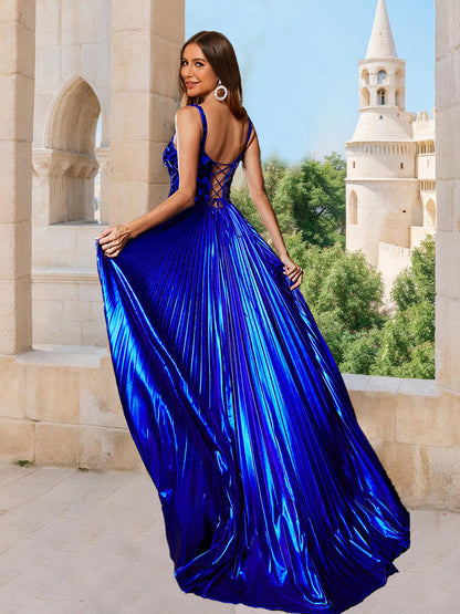 Robe de Bal Trapèze/Princesse à Encolure Carrée Sans Manches et Fente Latérale