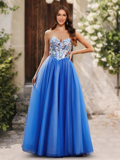 Robe de Bal à Volants et Décolleté en Cœur, Sans Manches