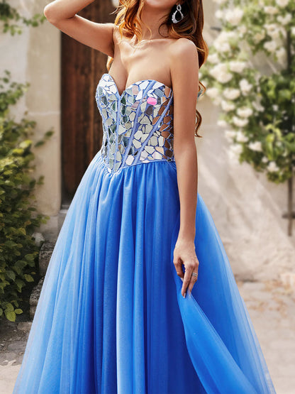 Robe de Bal à Volants et Décolleté en Cœur, Sans Manches